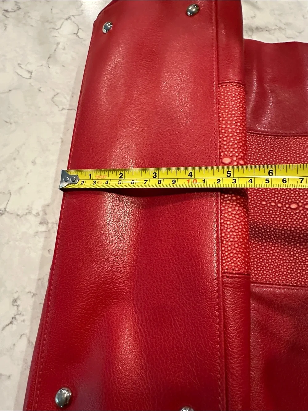 Longchamp Red Leather Tote with Textured Center Panel - Picture 12 of 13